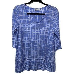 Habitat Geometric Print Sheer Blouse 3/4‎ Sleeve Scoop Neck Blue Womens Size S